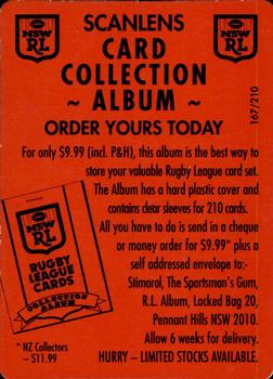 1991 Stimorol NRL #167 Album Order / Competition Card Front